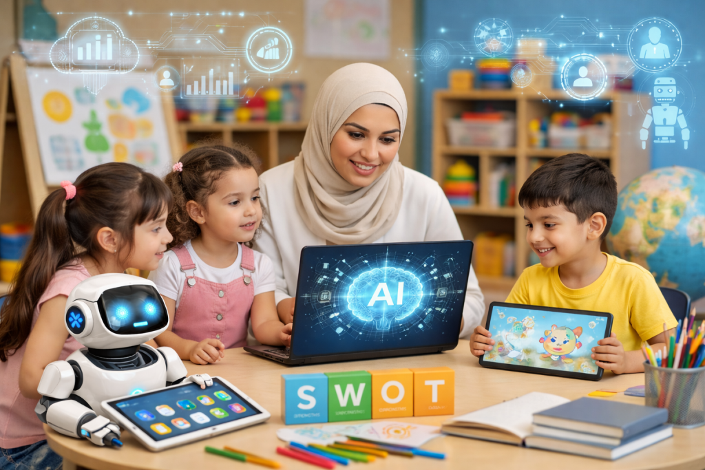 مقالة: رؤية استشرافية لتوظيف تطبيقات الذكاء الاصطناعي في رياض الأطفال لبيئة الروضة "SWOT" في ضوء منظومة التحليل الرباعي لبيئة الروضة
